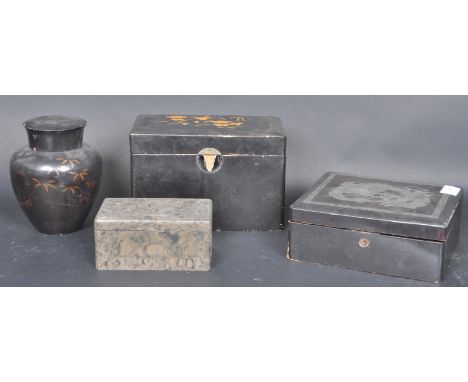 A collection of Japanese 20th century Papier Mache boxes to include a black lacquered tea caddy,&nbsp; jewellery box and lidd