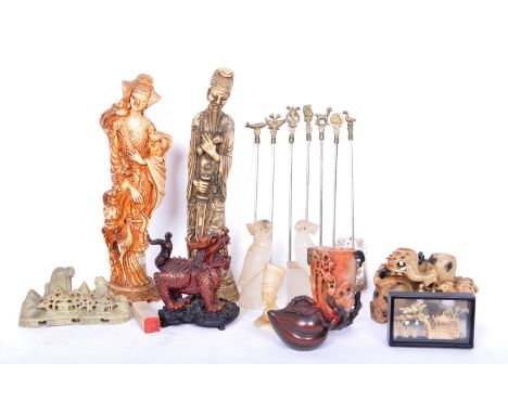 A collection of vintage 20th century Chinese Oriental and other curios comprising of a resin statue of a woman, stone parakee