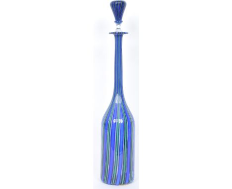 A retro vintage mid 20th century blown glass decanter decorated in&nbsp;blue &amp; green striped latticino filigrana ribbons.