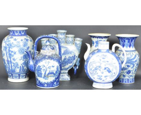 A collection of Chinese large blue and white vases and ornaments. To include a large tulipiere - tulip holder with mountain s