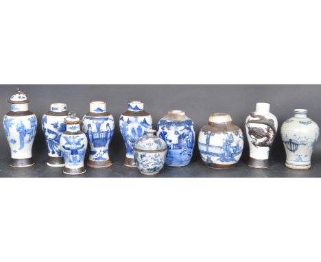 A collection of Chinese blue and white crackle glaze qing dynasty vases. To include bulbous vases, some with lids. Various de