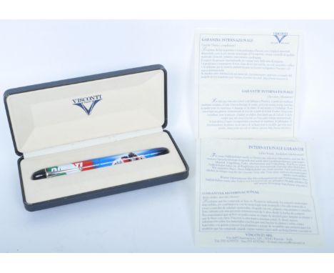 A contemporary Visconti Ducati fountain pen decorated with a racing Carl Fogarty on motorcycle, with original carbon effect f