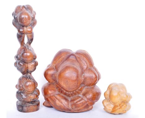 A collection of three vintage 20th century Chinese oriental carved hardwood figurines of the Weeping Buddha. Largest measures