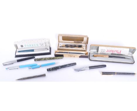A collection of vintage 20th century fountain pens / propelling pencils. Makers include Parker 61, Stephens and more. Some ha