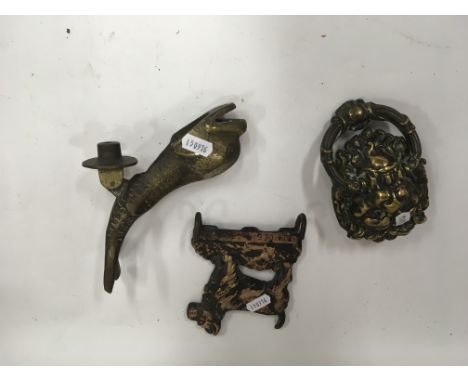 Victorian brass door knocker, heavy brass dolphing knocker and Scottie dog key holder