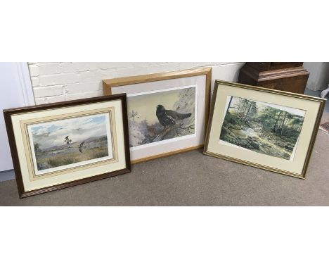 Two large framed bird prints, one a signed limited edition by J.Harrison, and a landscape print by Charles Adams