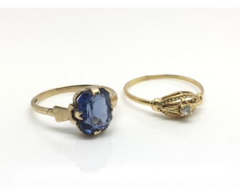 Two gold rings, one set with a blue stone, ring sizes approximately Q and R, total weight approximately 3.7 grams.