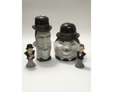 Two Laurel & Hardy ceramic jars and two small collectable Laurel & Hardy ceramic busts (4).