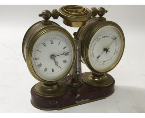 A Victorian desk clock barometer on marble base, with fitted compass to the top, approx 16cm x 14.5cm x 7cm.