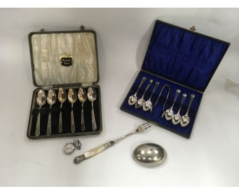 Victorian s/plated snuff box engraved George 1883, pickle fork and nurses Ingersoll watch. Together with two boxes S/plated t
