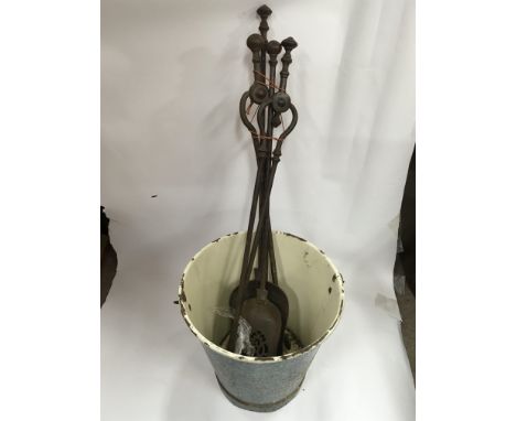 Vintage enamelled bucket and Victorian fire tools