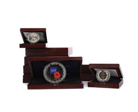 COLLECTION OF SILVER COINS AND MEDALS, comprising seven 5oz examples including VE Day anniversary medal, poppy £5 coin, house