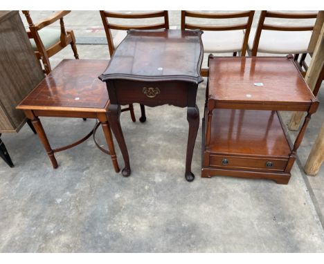 A TWO TIER MAHOGANY LAMP TABLE WITH DRAWER, SIMILAR TABLE AND SMALL OCCASIONAL TABLE ON TURNED LEGS 