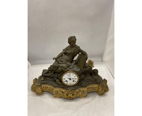 AN ORNATE FRENCH MANTLE CLOCK BY V L HAUSBERG PARIS WITH A LADY HOLDING LIST OF COUNTIRES - EGYPT, ITALY, GREECE, FRANCE AND 