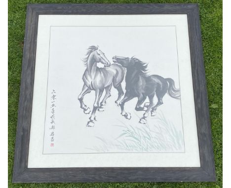 A LARGE CHINESE XU BEIHONG DESIGN HORSE PRINT, SIGNED, 94 X 94CM 