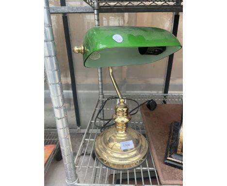 A VINTAGE BRASS BANKERS LAMP WITH GREEN GLASS SHADE 