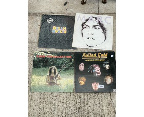 FOUR VARIOUS VINYL RECORDS TO INCLUDE T-REX AND THE ROLLING STONES 