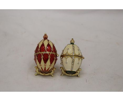 TWO DECORATIVE ENAMELLED EGG TRINKET BOXES ON STANDS 