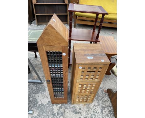 A HARDWOOD TOWER SHAPED CD RACK AND SMALL CHEST OF THREE DRAWERS, 9" WIDE 