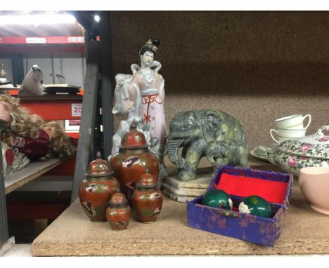 VARIOIUS ORIENTAL ITEMS TO INCLUDE FOUR CLOISINNE LIDDED POTS, A POSSIBLY JADE ELEPHANT WITH CALF (A/F), AN ORIENTAL LADY ETC