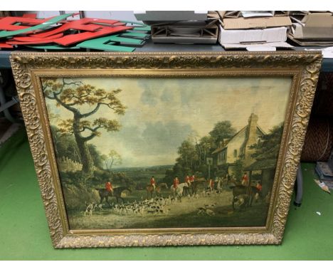 A FRAMED OIL ON BOARD OF A HUNTING SCENE 