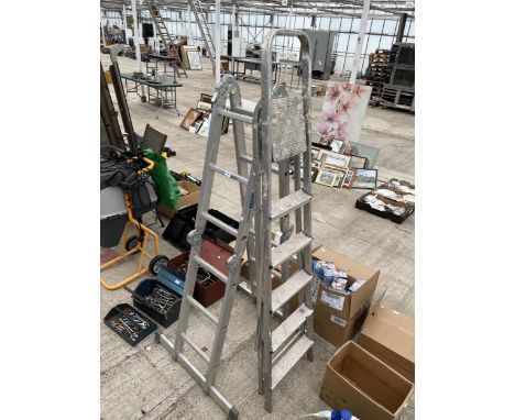 AN ALUMINIUM MULTIFUNCTION ABRU FOLDING LADDER AND A FIVE RUNG ALUMINIUM STEP LADDER 