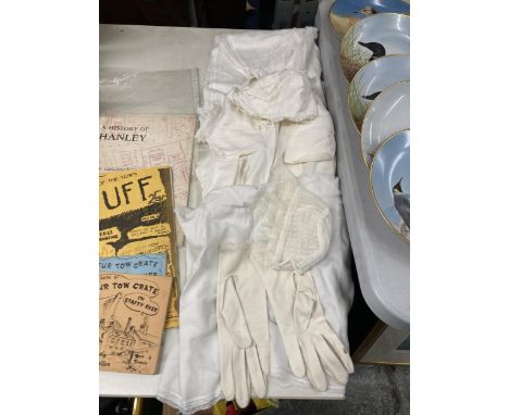 A SMALL QUANTITY OF VINTAGE CLOTHING TO INCLUDE GLOVES, BONNETS, CHRISTENIJG GOWN ETC., 