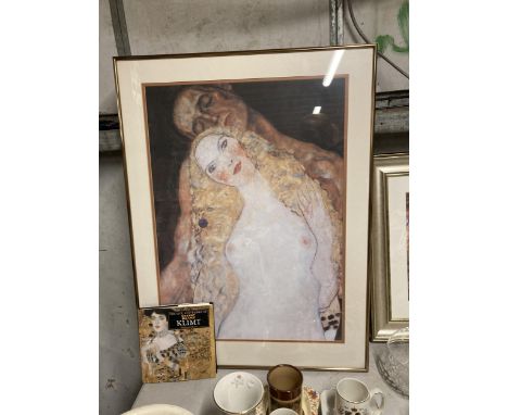 A FRAMED PRINT BY GUSTAV KLIMT TOGTHER WITH A BOOK DEPICTING HIS LIFE AND WORKS 