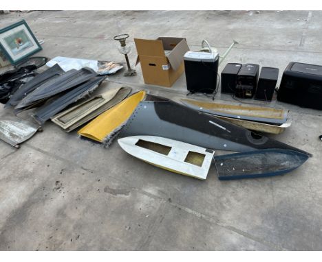 A LARGE ASSORTMENT OF VINTAGE FIBRE GLASS MODEL BOAT PARTS AND SPARES ETC 