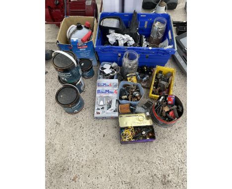AN ASSORTMENT OF ITEMS TO INCLUDE PAINT, TOOLS AND AUTO MOBILE SPARES ETC 