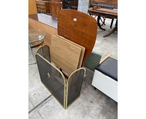 A THREE DIVISION FIRESCREEN AND THREE FOLDING TABLES 