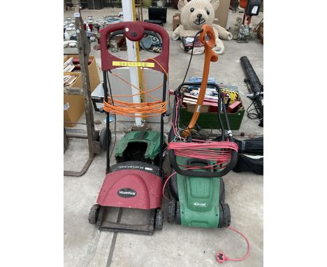 THREE GARDEN TOOLS TO INCLUDE A QUALCAST LAWNMOWER AND AN ELECTRIC STRIMMER ETC 