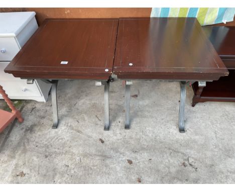 A PAIR OF HARDWOOD LAMP TABLES, 28 X 24" EACH, ON METALWARE X-FRAMES 