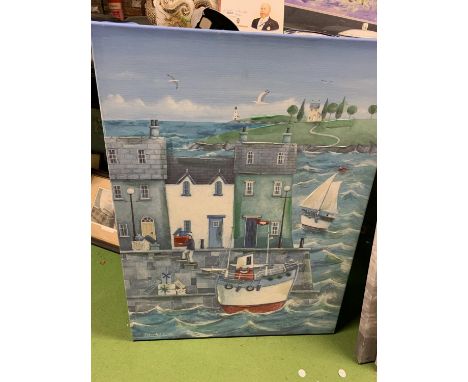 A LARGE CANVAS PRINT OF A HARBOUR SCENE 