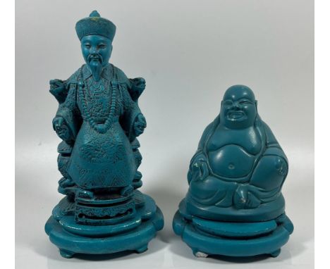 TWO VINTAGE CHINESE CHALKWARE TURQUOISE FIGURES ON STANDS TO INCLUDE AN IMMORTAL AND A BUDDHA, HEIGHT OF LARGEST 21 CM 