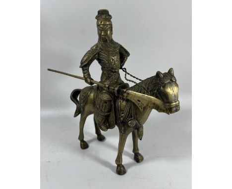 A VINTAGE CHINESE BRASS FIGURE OF A WARRIOR ON HORSEBACK WITH JEWEL DESIGN, HEIGHT 24CM 
