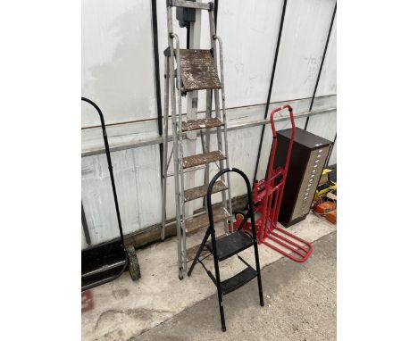A FIVE RUNG WOODEN AND METAL STEP LADDER AND A FURTHER TWO RUNG STEP LADDER 