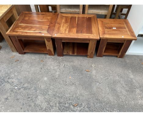 A PAIR OF HARDWOOD LAMP TABLES, 24" SQUARE EACH AND A SMALLER TABLE 18" SQUARE 