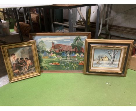 A LARGE FRAMED TAPESTRY OF A COUNTRY GARDEN SCENE TOGETHER WITH AN OIL ON BOARD WINTER SCENE AND FURTHER FRAMED PRINT - MURIL