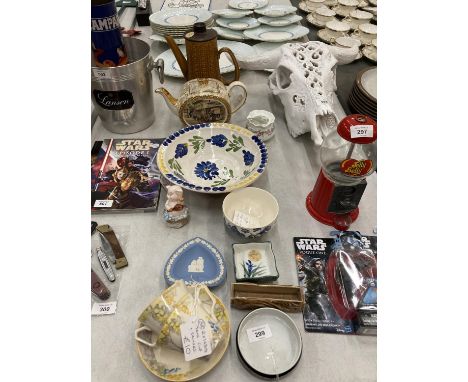 A MIXED LOT OF CERAMICS TO INCLUDE A SADLER TEAPOT, CUPS AND SAUCERS, A BRAMBLY HEDGE TRINKET BOWL, COFFEE POT, BOWLS, ETC 