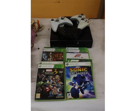 AN X-BOX 360 CONSOLE, 6 GAMES PLUS 2 X-BOX 1 GAMES AND THREE CONTROLLERS 
