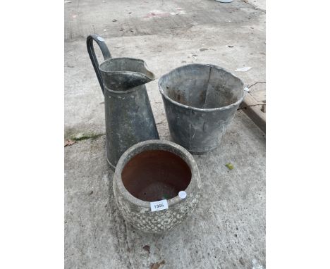 A LARGE VINTAGE GALVANISED JUG, A VINTAGE GALVANISED BUCKET AND A SMALL PLANTER 