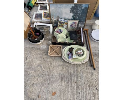 AN ASSORTMENT OF ITEMS TO INCLUDE WALKING STICKS, PLATES AND A FRAMED PRINT ETC 