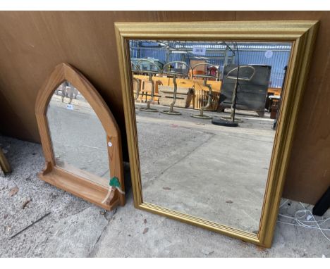 A MOLDURAS HERGON GILT FRAMED WALL MIRROR, 31 X 23" AND A PINE WALL MIRROR/SHELF 