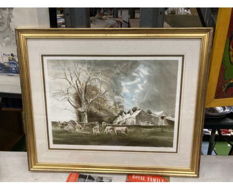 A FRAMED LIMITED EDITION 10/275 PRINT SIGNED KEITH ANDREW DEPICTING A FARM AND CATTLE SCENE 