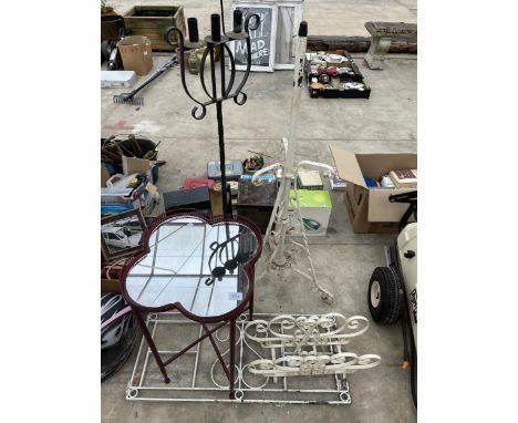 FIVE ITEMS TO INCLUDE A WROUGHT IRON LAMP AND MAGAZINE RACK, A CANDLE HOLDER, ETC 