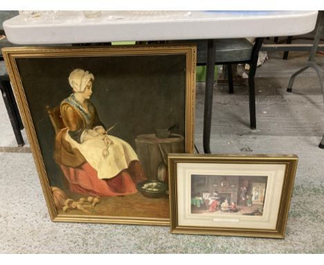 A FRAMED OIL ON BOARD OF A LADY TOGETHER WITH A FRAMED PRINT 