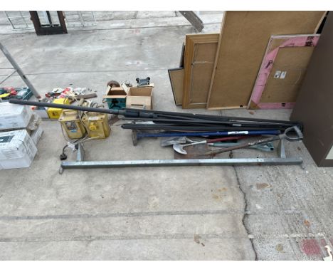 AN ASSORTMENT OF TOOLS TO INCLUDE TWO 110V TRANSFORMERS, SPADES AND A TAMP ETC 