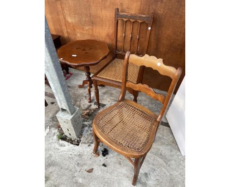 TWO BEDROOM CHAIRS AND TRIPOD WINE TABLE 