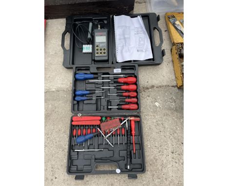 AN ASSORTMENT OF TOOLS TO INCLUDE A SCREW DRIVER SET AND A PORTABLE MICROPROCESSOR ETC 
